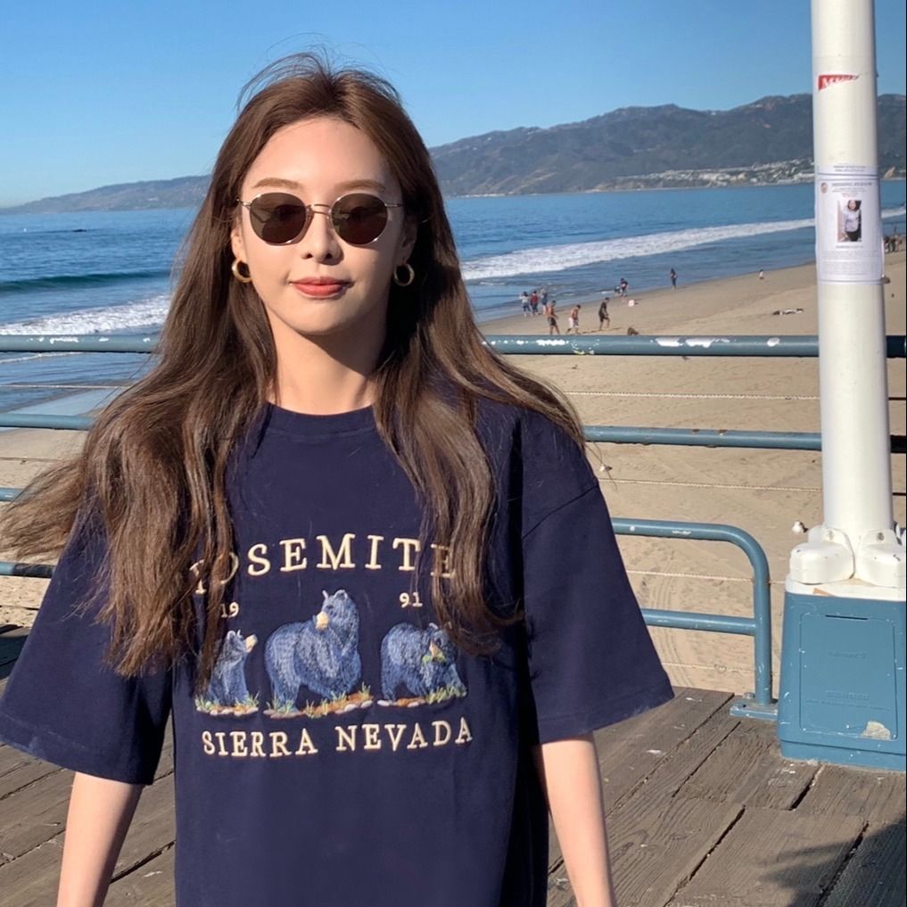 

Cute Bear Graphic Tees Women Summer Tops 2021 Oversize Loose Short Sleeve T-shirt Schoolgirl Streetwear Clothes, Blue