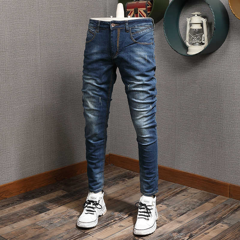 

Italian Style Fashion Men Jeans Retro Dark Blue Elastic Cotton Slim Fit Ripped for High Quality Vintage Designer Pants OITZ