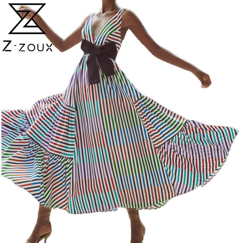 

Women Dress Deep V Neck Stripe Printed Maxi Sleeveless Big Swing Spaghetti Strap es Plus Size Summer es 210524, Striped