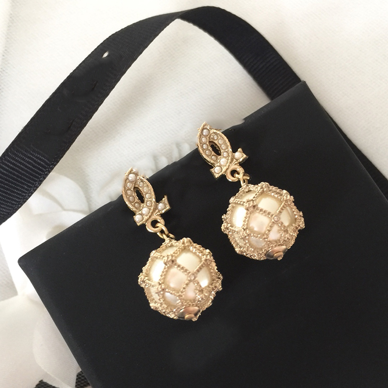 

Stud Designer Earrings brand classic double letter clogo glass pearl mesh chain women's luxury jewelry L0-C03, Golden;silver