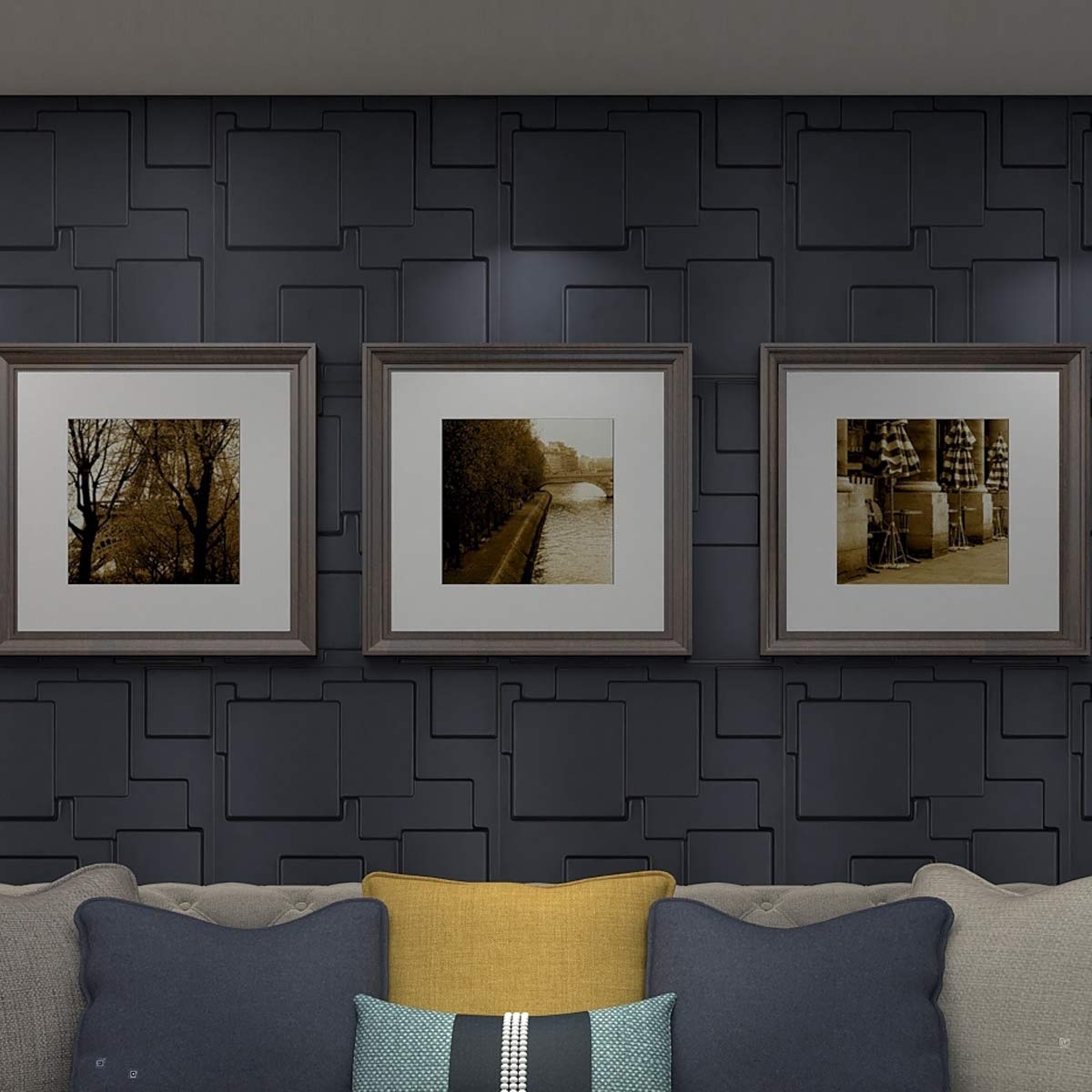 Art3d 50x50cm 3D Plastic Wall Panels Stickers Soundproof Matt Black for Living Room Bedroom TV Background (Pack of 12 Tiles 32 Sq Ft)-image-723011229