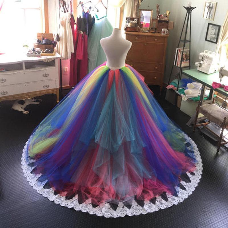 

Chic Rainbow Puffy Tulle Skirts For Bridal Pleated Tiered Floor Length Long Tutu Skirt Women With Appliques Custom Made, Black