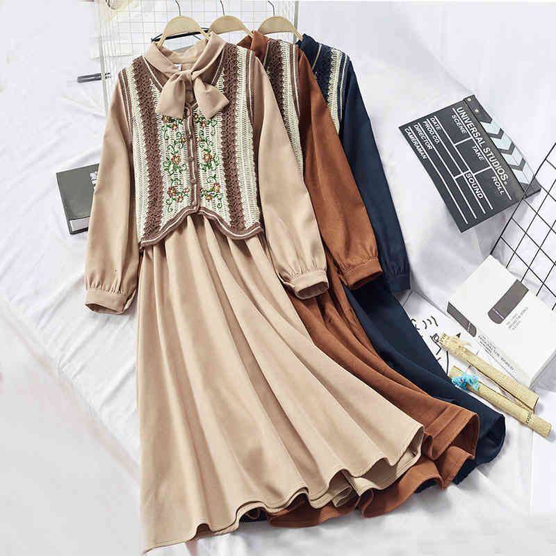 

skirt 2021 Spring 2 Womens Outfits Vintage Bow O-Neck Solid Color Long Sleeve Dress + National Wind Vest Two Piece Sets W8A4, Black