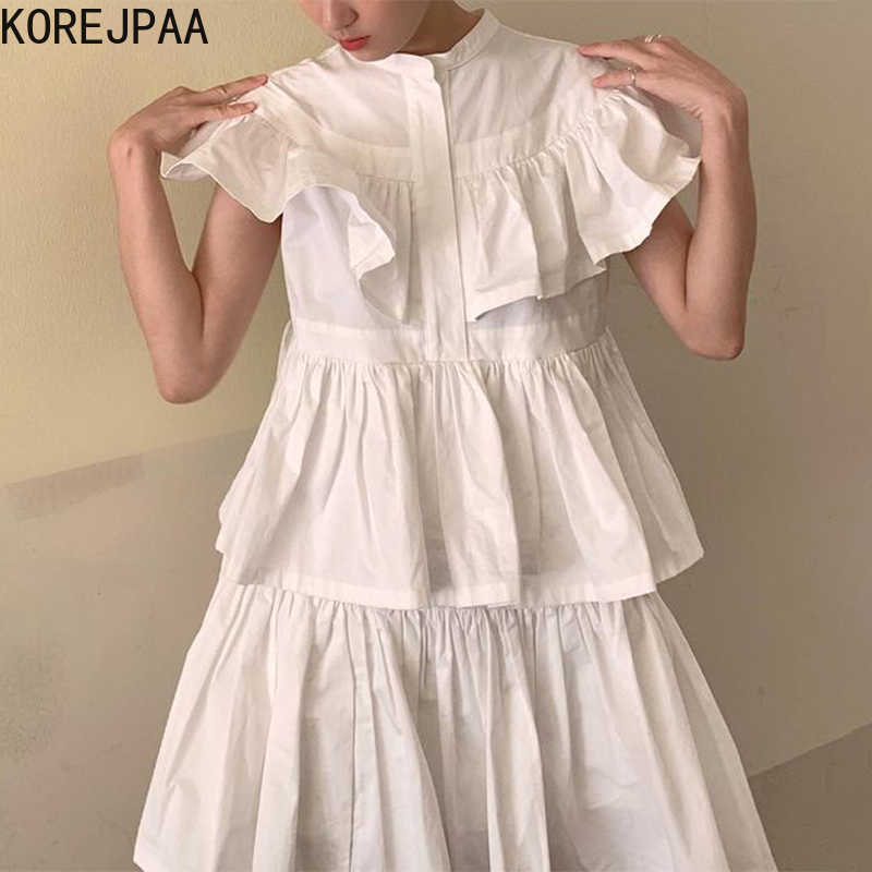 

Korejpaa Women Dress Summer Korean Chic Western Style Age-Reducing Round Neck Layered Ruffled Design Loose Cake Vestidos 210526, White