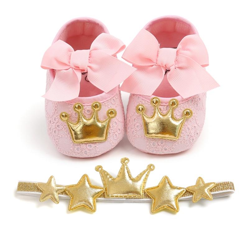 

First Walkers Toddler Baby Girls Shoes Soft Sole Crib Born Bow Princess Shoes+Headband 2Pcs Set Infant Cute Party