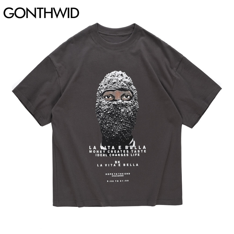 

Short Sleeve Tees Casual Harajuku Men Creative Masked Human Print Tshirt Cotton Hip Hop Streetwear Loose T-Shirts Tops 210602, Black