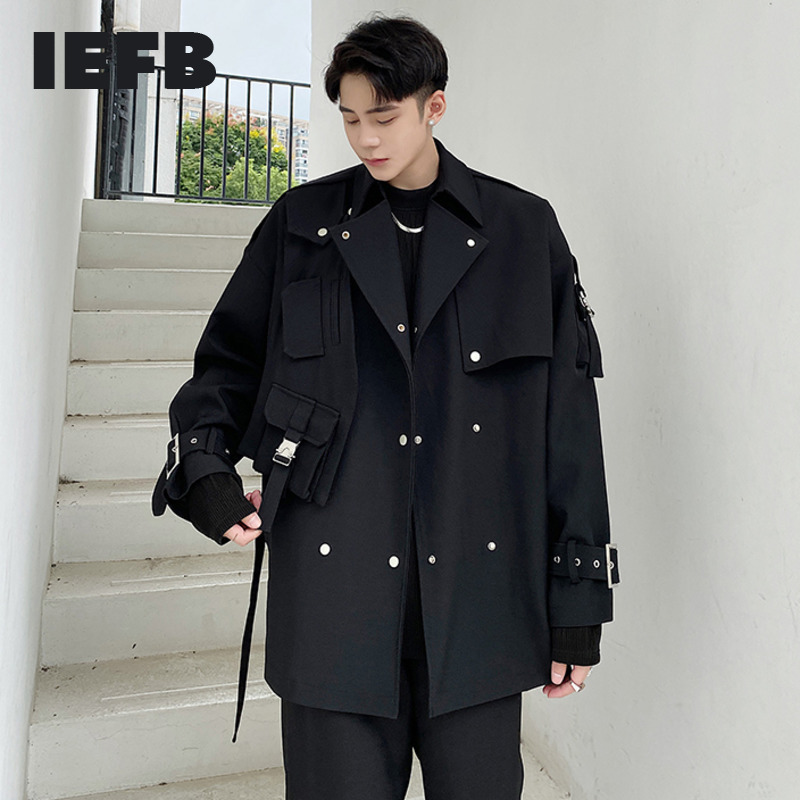 

IEFB spring Autumn high quality mid length black windbreaker jackets for men loose handsome lace up cloth with belt 9Y4745 210524