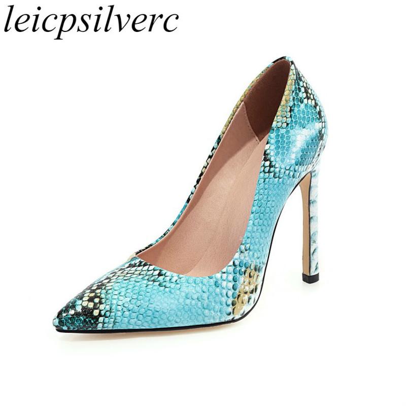 

Dress Shoes Women Pumps Super High Heel Pointed Toe Slip On Snake Pattern Pu Thin Heels 2021 Sexy Fashion Casual Sweet Party Green Brown, Black