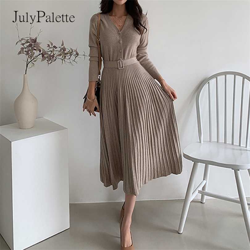 

JulyPalette Elegant Woman' Knitted Dress Autumn Winter Long Sleeve V neck Sweater Ladies Slim Knit Femme 211110, Khaki