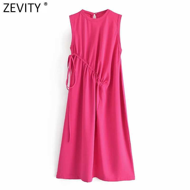 

Zevity Women Fashion O Neck Sleeveless Solid Casual Pleated Dress Female Chic Lace Up Vest Vestido Summer Chiffon Dresses DS8504 210603, As pic ds8504dwdd