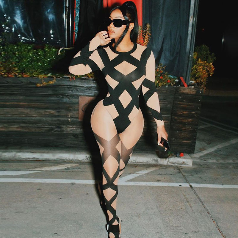 

cross striped two piece set women streetwear bodysuit and elastic leggings mesh see through midnight clubwear skinny outfits, Black;white