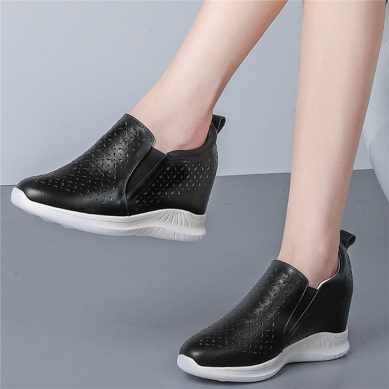 

Summer Platform Pumps Shoes Women Cow Leather Wedges High Heel Ankle Boots Female Low Top Round Toe Fashion Sneakers Casual Shoe, Black