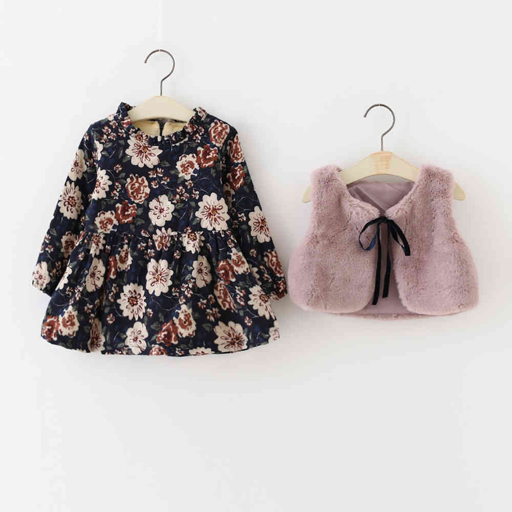 

2 Pcs Plush Lined Floral Dress and Faux Fur Vest Set 210521, Red