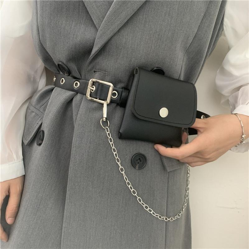 

Belts Punk Style Concave Shape Chain With Bag Belt Trend Fashion All-match Ladies Full Hole Small, Black;brown