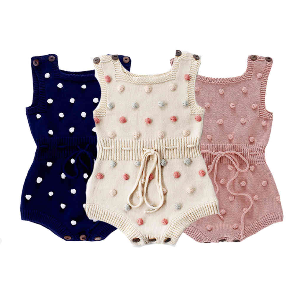 

Baby Knitted Rompers Infant 3+ Dot Printed Sleeveless Solid Wool Jumpsuit Waist Elastic Band Kid Girls Outfits Clothes 0-2T, Apricot