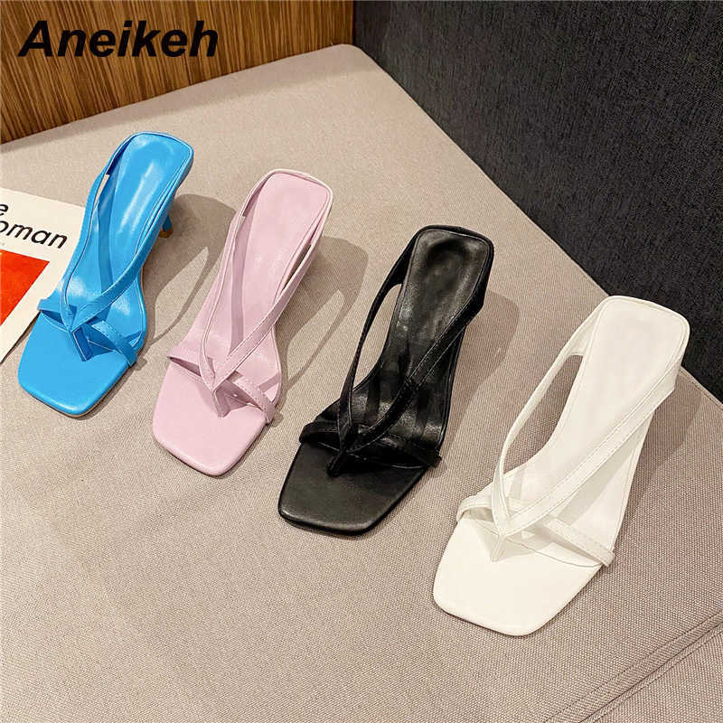 

Aneikeh Summer Fashion PU Flip Flops Thong Shallow Thin Heels Concise Leisure Modern Slippers Shoes For Women's Solid Adult 210615, Black