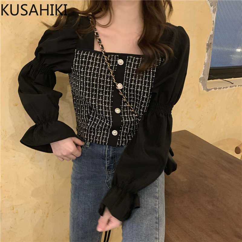 

Korean Plaid Patchwork Women Blouse Puff Sleeve Square Collar Blusas Femme Spring Shirt 6F212 210603, Black