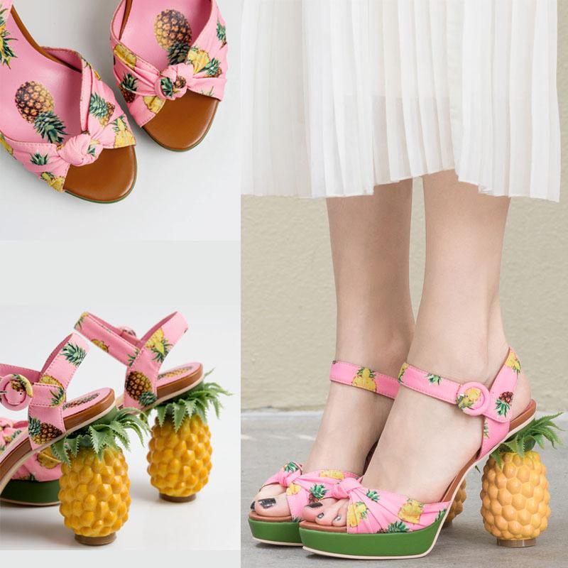 

Sandals Sweet Lady Shoes With Thick Bottom And Water Printed Fabric, Personalized Heel Large Size, Pink