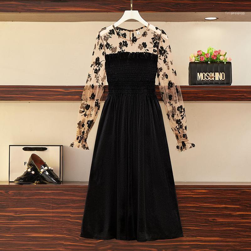

Autumn 2021 Winter Plus Size 4XL Women Dress Fashion Patchwork Mesh Cute Ladies Vestidos Velvet Long Sleeve Korean Chic Robe1, Black