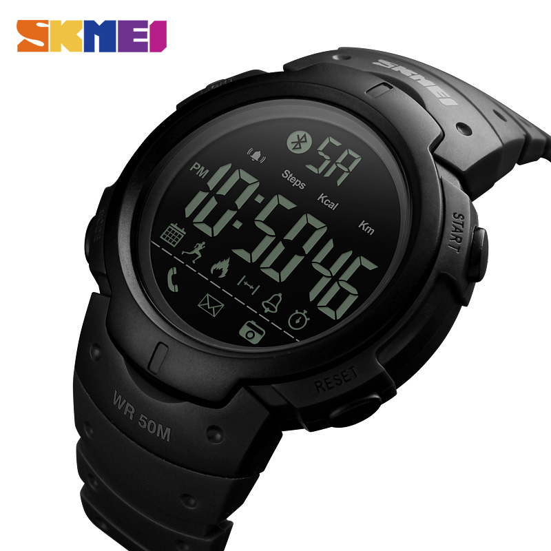 

SKMEI Fashion Smart Watch Men Calorie Alarm Clock Bluetooth Watches 5Bar Waterproof Smart Digital Watch Relogio Masculino 1301g, Black