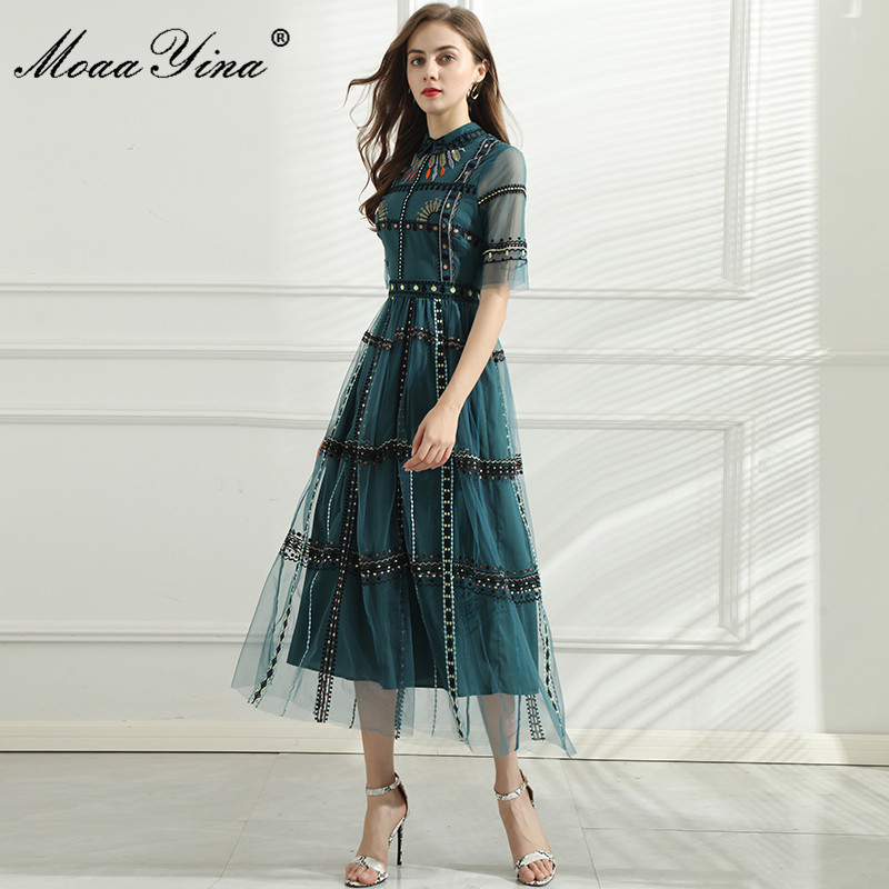 

Fashion Designer Summer Elegant Party Dress Women Turn-down Collar High waist Stripe Embroidery Vintage Mesh 210524, Green
