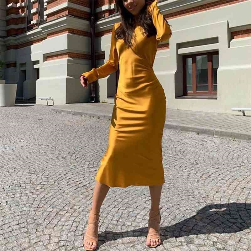 

Women's Solid Long Dress Ladies Satin Elegant Bag Hip Mermaid Party Dress Long Sleeve Fingerless O-Neck Fashion Woman Dress 210719, Pink