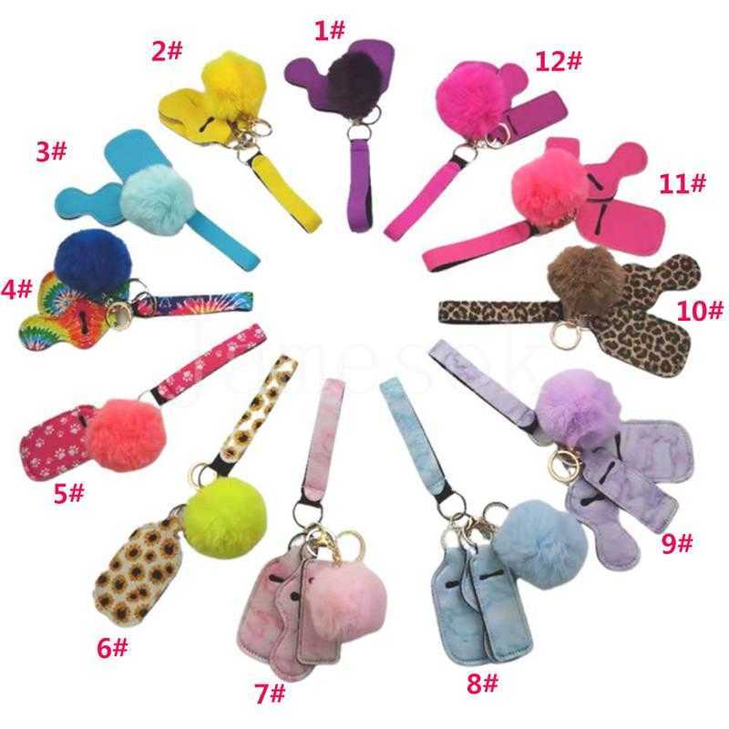 Defense Keychain Set Pompom Hand Sanitizer Wrist strap Lipstick Keychains Silver Keyring For Woman Men Self-defense Keyrings DD037