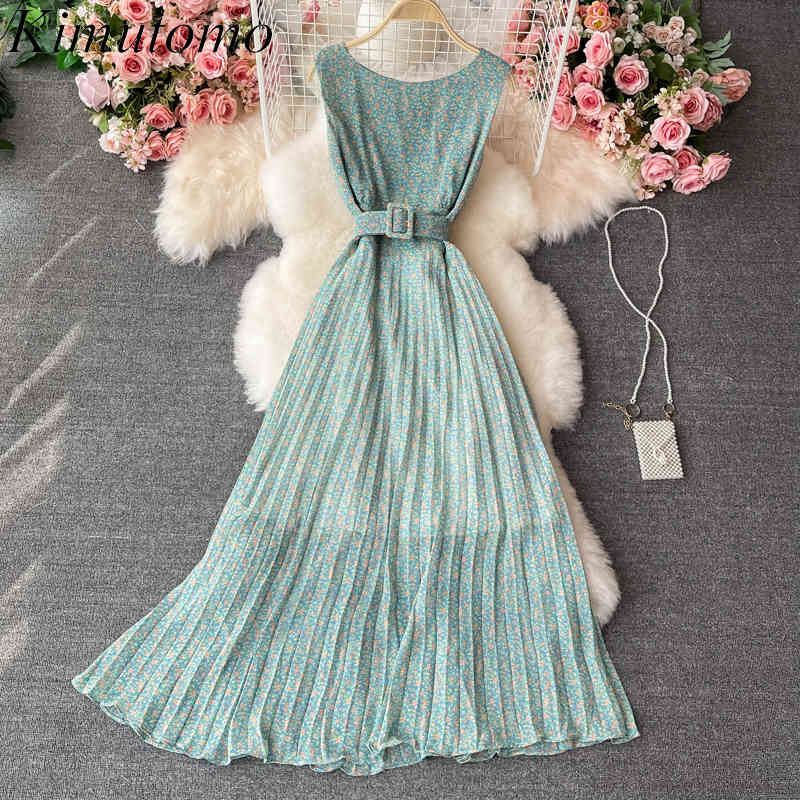 

Kimutomo Gentle Wind Sweet Floral Dress Women Round Neck Sleeveless Slim Waist Pleated Robe Summer Vestidos Elegant 210521, Purple