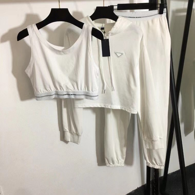 

womens Sports set three Piece Pants Vest + logo triangle long sleeved hat hoodie + high waist casual pants, Only for price difference