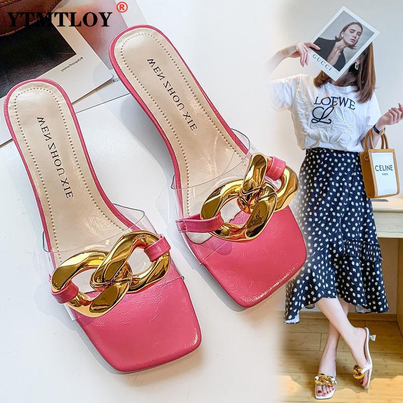 

Slippers 2021 Pvc Sandals Open Toe High Heels Women Transparent Perspex Shoes Heel Clear Chain Sexy Summer Slides, Black