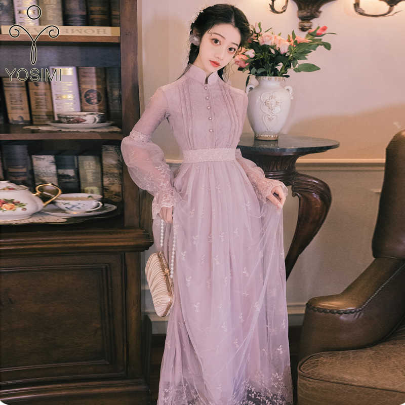

YOSIMI Lace Long Women Dress Summer Purple Embroidery Party Maxi Vintage Lady Full Sleeve Evening Elegant 210604, Blue
