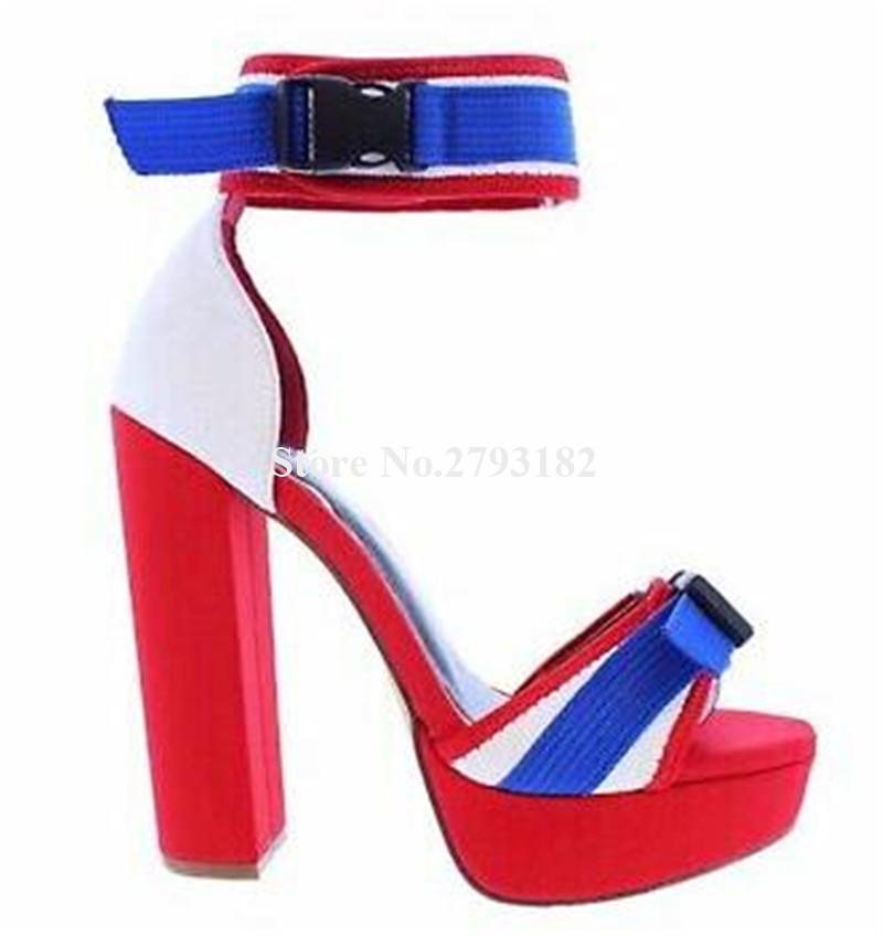 

Fashion Women Shining Patchwork High Platform Chunky Heel Sandals Blue Stripes Ankle Strap Buckle Heels, As picture
