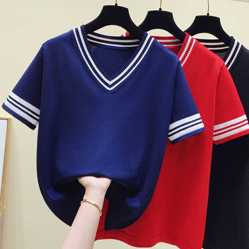 

L-4XL plus size women Summer thin kint sweater pullover loose casual short sleeve v neck Stripe basic sweaters jumper 210604, Navy blue