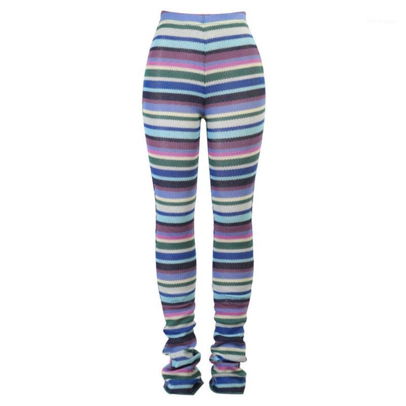 

Women' Jeans Women High Waist Knitted Long Pants Multicolor Striped Skinny Stacked Trousers, Gray