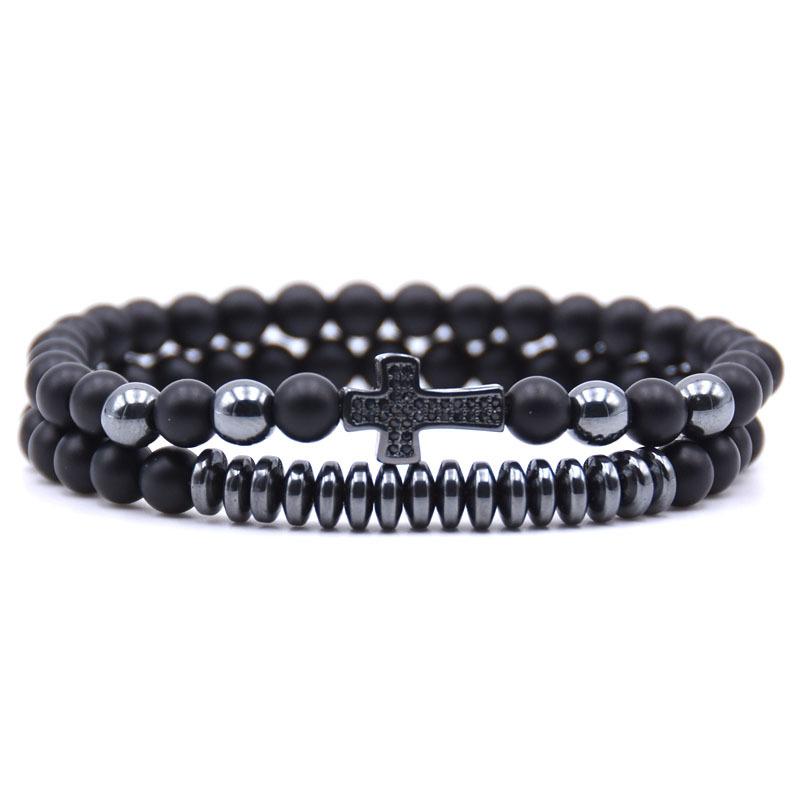 

Charm Bracelets Fashion Couple Micro-inlaid Zircon Bracelet Sets Men Jewelry 6mm Natural Stone Beads Micro-inlay Cross For Women