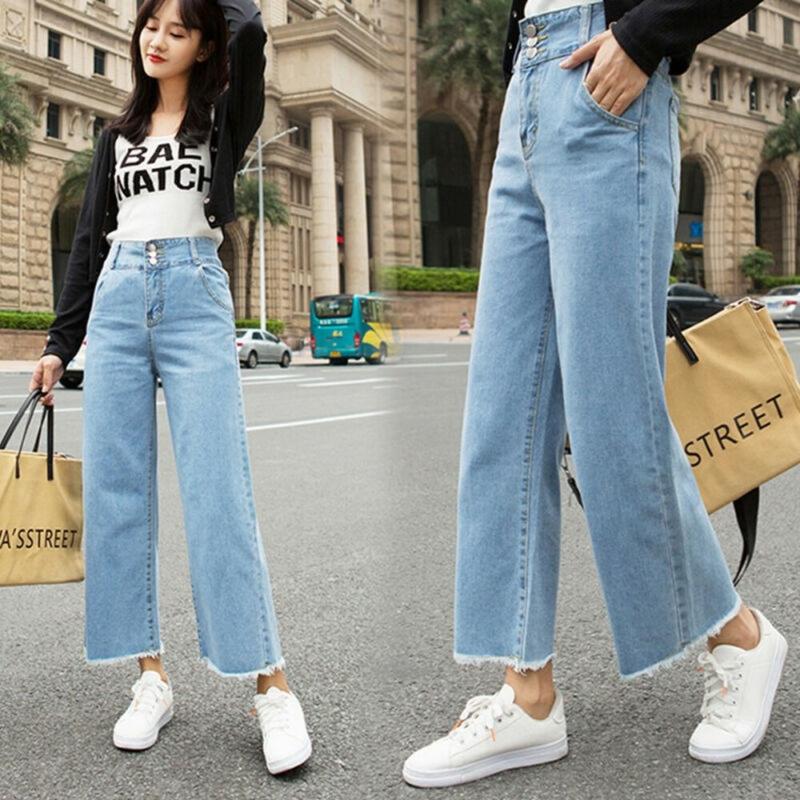 

women's jeans womens casual high waist palazzo wide leg loose denim pants baggy trousers, Blue
