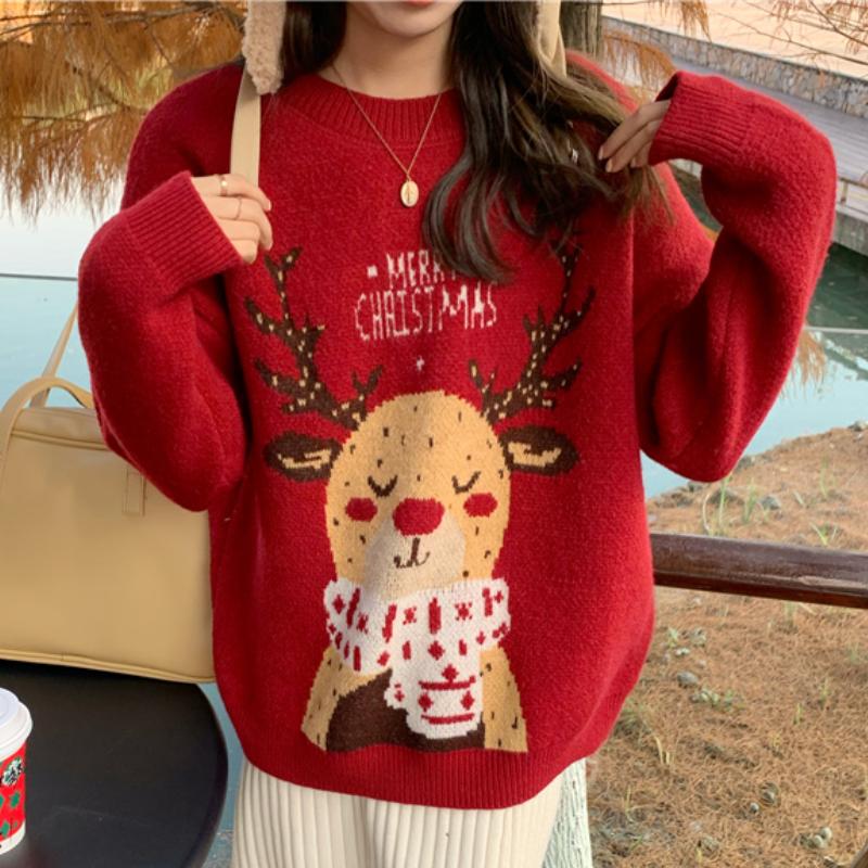 

Women's Sweaters Woman 2021 Korean Fashion All-match Round Neck Christmas Elk Print Design Loose Casual Knitted Pullover Sweater, White;black