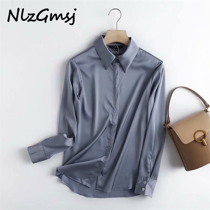

Nlzgmsj Women High Quality Satin Shirts Long Sleeve Turn Down Collar Elegant Blusas Mujer De Moda Shirt Tops 210628, As picture