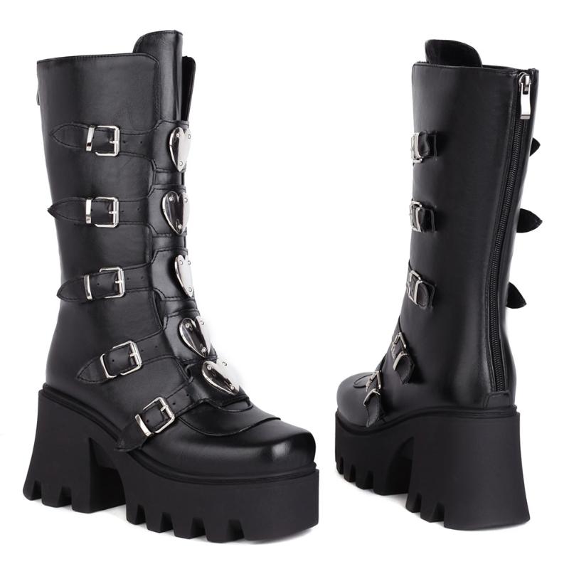 

Boots Female Motorcycle For Women Autumn Goth Metal Buckle Design Med Calf Platmorm Chunky Heel Fashion Shoes, Black
