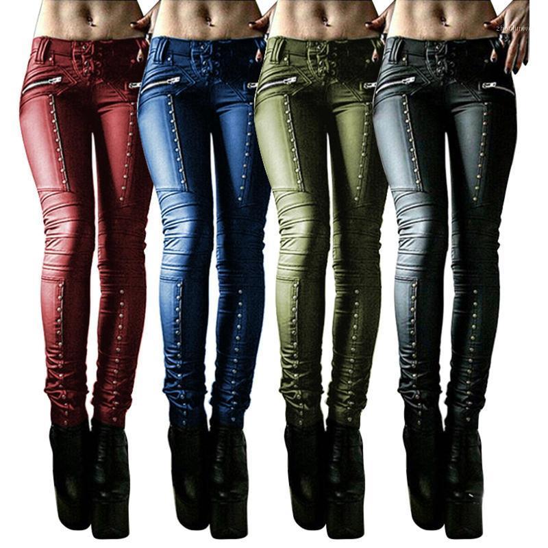 

Women Retro Faux Leather Pants Rivet Lace-up Long Skinny Trouser Streetwear Low Rise Slim Punk Cool Pant Female Fashion Women' & Capris, Black