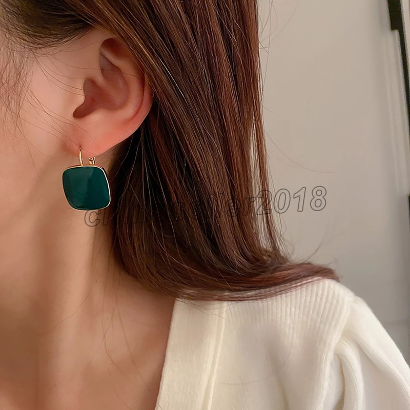 Simple Design Vintage Green Square Drop Dangle Earrings for Women Personality Enamel Statement Earrings Unusual Party Jewelry-image-746155419