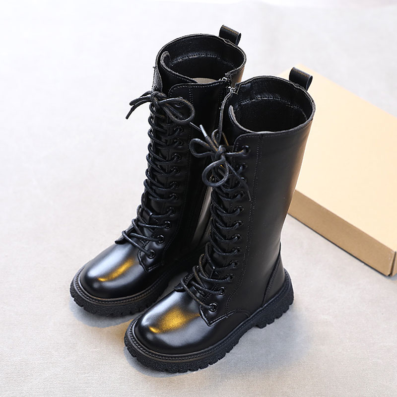 

Kids Pu Shoes For Girls Fashion Knee High Boots Lace-up Zip 2021 Autumn Child Round Toes School Uniform Dress Shoe 26-36 XXJ777, Black