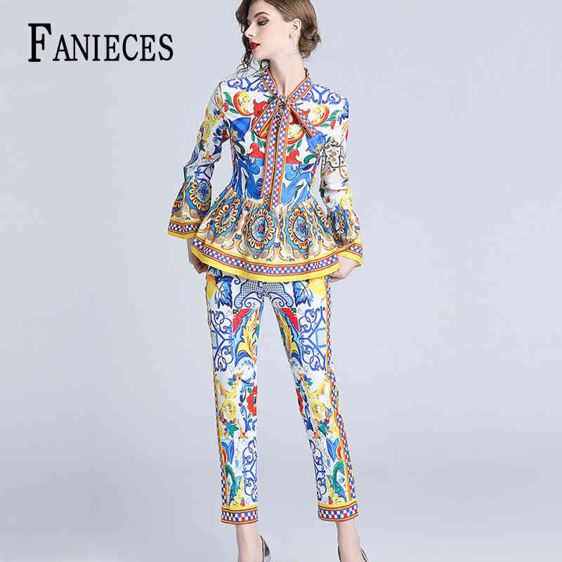 

Ins Fashion Runway Pants Suit Sets Women's long Sleeve Bow Collar Print Blouses and Casual office lady Two Pieces Set 210520, Royal blue