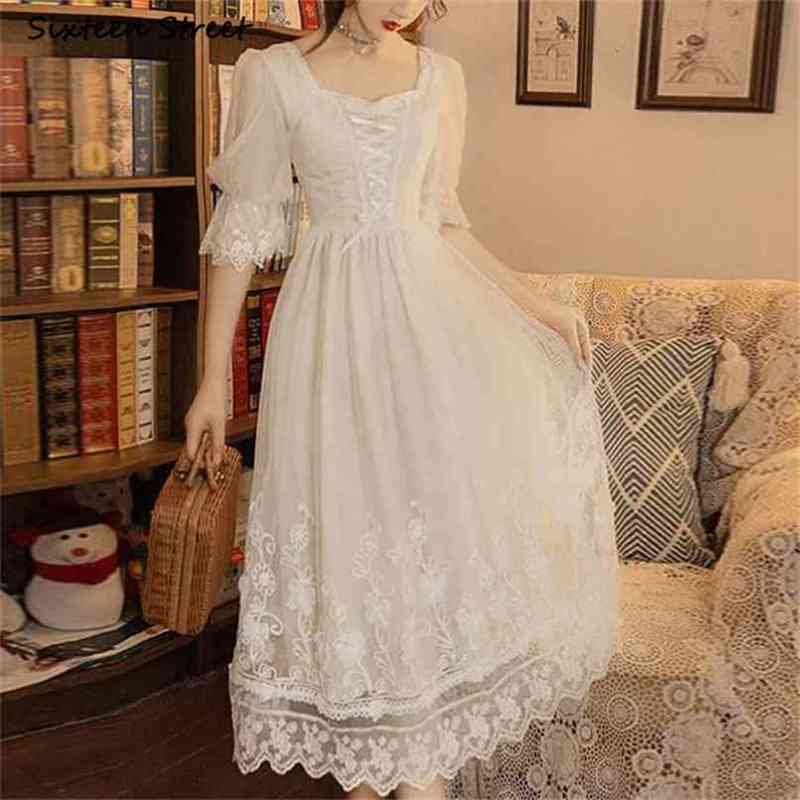 

Evening Maxi Dresses for Women Apricot White Lace Elegant Summer Long Dresss Woman Clothing Quare Collar High Waist Party Dress 210603, Clear