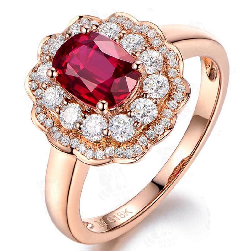 

Cluster Rings Big Ruby Gemstone Women Full Zircon Diamonds 18k Rose Gold Color Red Crystal Luxury Wedding Engagement Band Party Jewelry