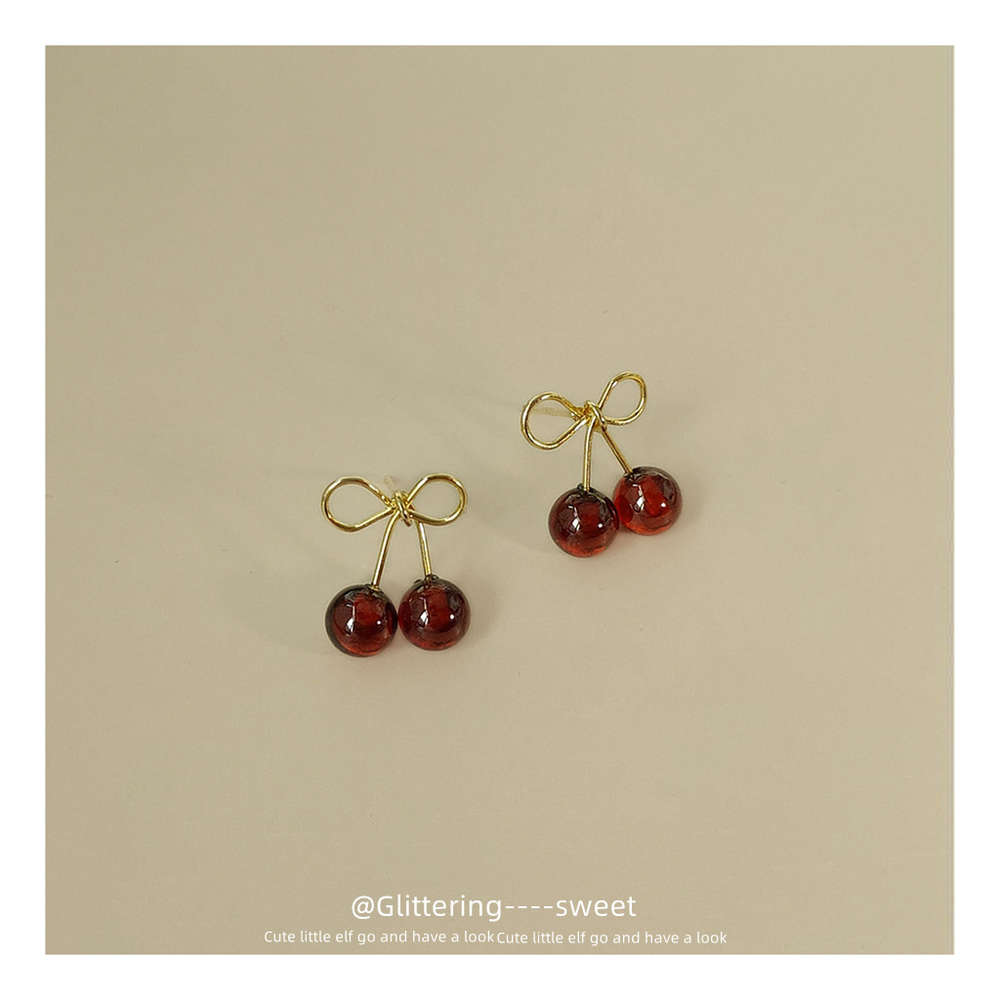 

S925 silver needle plated 14K real gold Cherry Earrings design French red