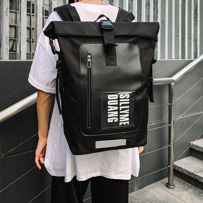 Mjzkxqz Large Capacity Backpack Men Travel Bag Fashion Streetwear Hip Hop Boys Roll Top Mochila For School Teenagers Girls Black