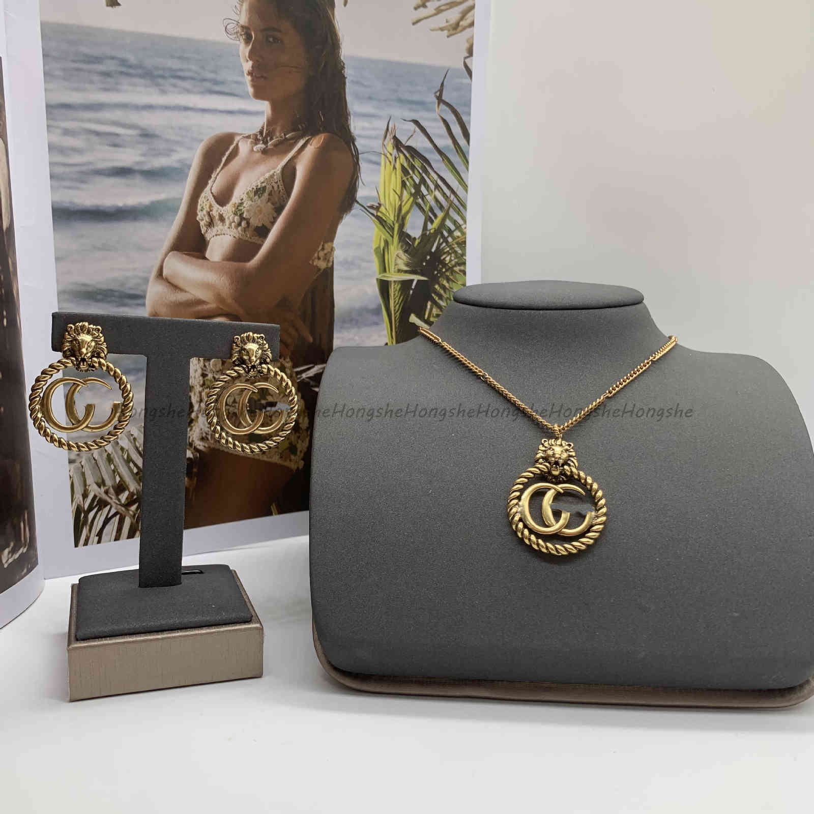 

Special offer 70% OFF Luxury Jewelry 21 year new gujia double net red temperament necklace earrings set lion head Necklace Bracelet J6X6, Necklace i