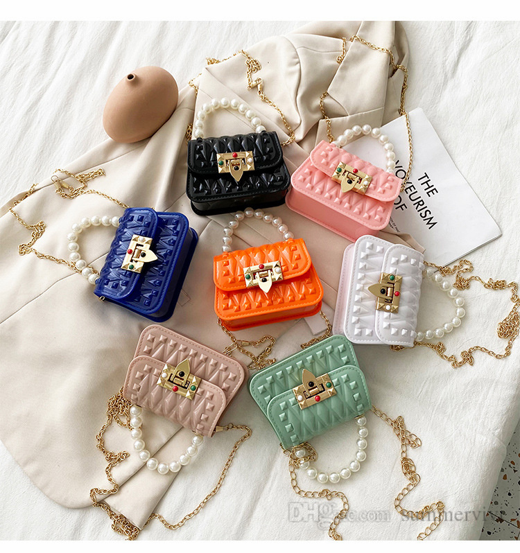 

Sweet girls pearls chain jelly handbags kids colorful beaded metal buckle messenger bags lady style children square one-shoulder bag Q0323, Black