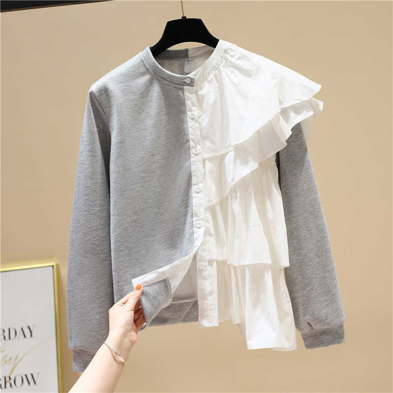 

Rufflles Patchwork Sweatshirt Cardigan Women's Spring Loose Full Contrast Color Design Top 210615, Gray